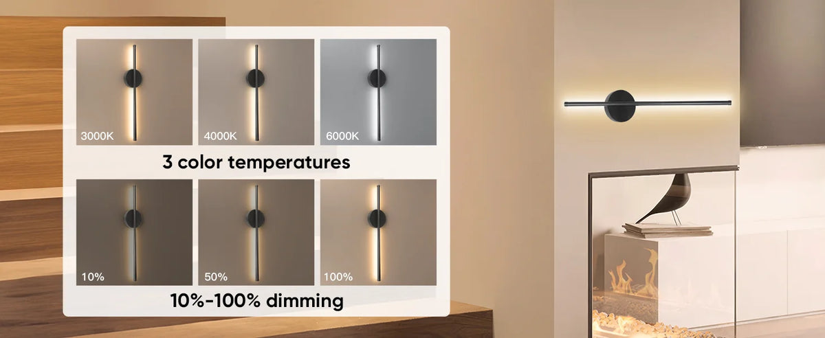 A display showing three color temperatures and dimming levels of rechargeable LED wall sconces.