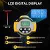A yellow cordless heat gun with an LCD digital display showing 540°C, featuring buttons for temperature adjustment and wind s
