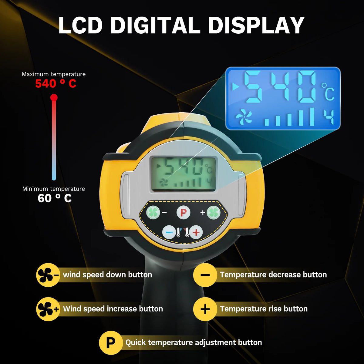 A yellow cordless heat gun with an LCD digital display showing 540°C, featuring buttons for temperature adjustment and wind s