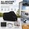 Black all-weather waterproof motorcycle cover with an elastic hem and a lock hole for protection