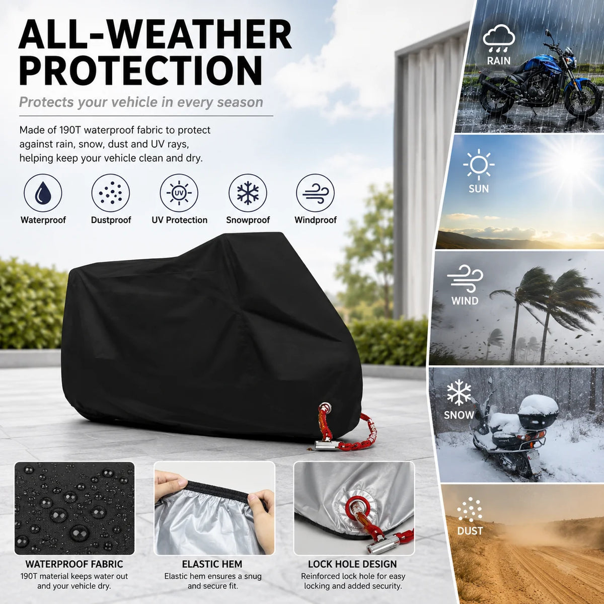 Black all-weather waterproof motorcycle cover with an elastic hem and a lock hole for protection