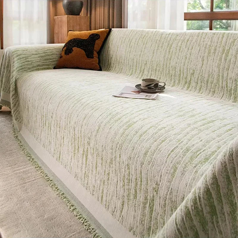Thick Chenille Sofa Cover with Tassel Fringe — Scratch Resistant & Reversible
