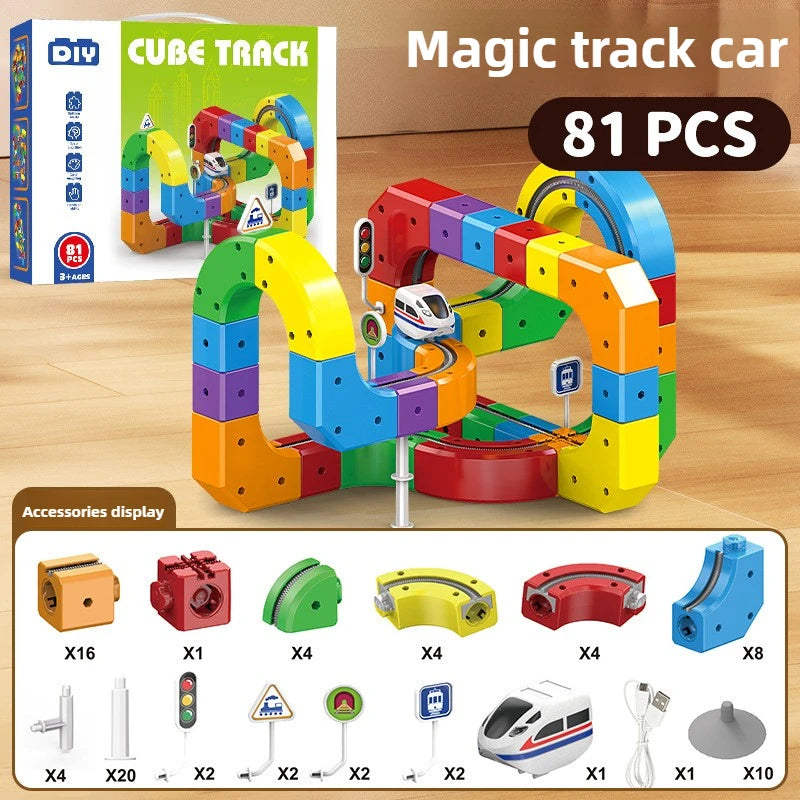 A set of 81 pieces of magic track car building blocks and accessories displayed on a wooden surface.