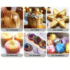 A collection of edible gold dust and glitter powder used for decorating various baked goods like cakes, cookies, macarons, an