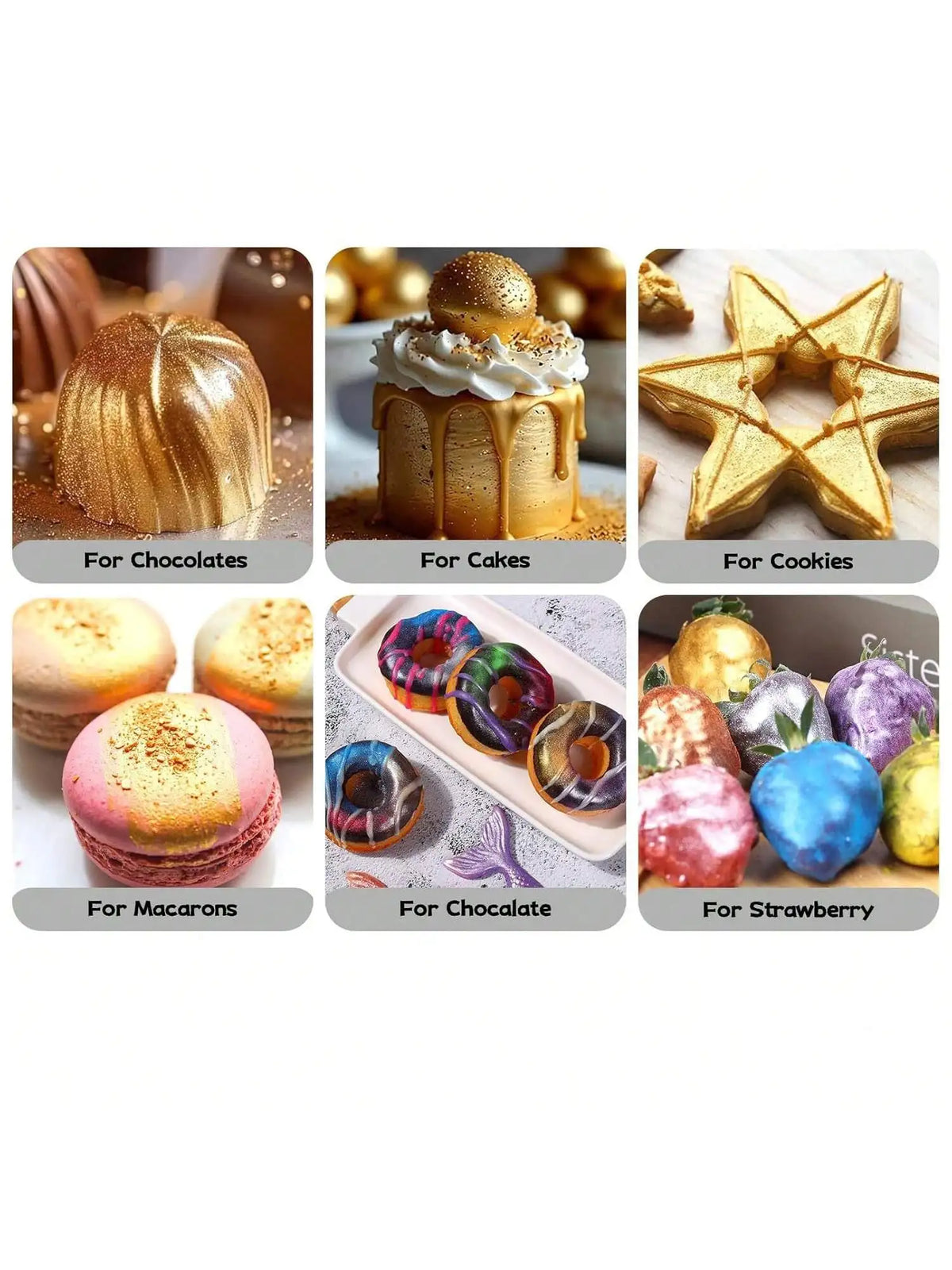 A collection of edible gold dust and glitter powder used for decorating various baked goods like cakes, cookies, macarons, an