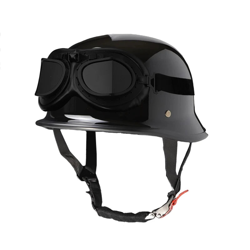 Black lightweight half helmet with integrated goggles for motorcycle and scooter riders