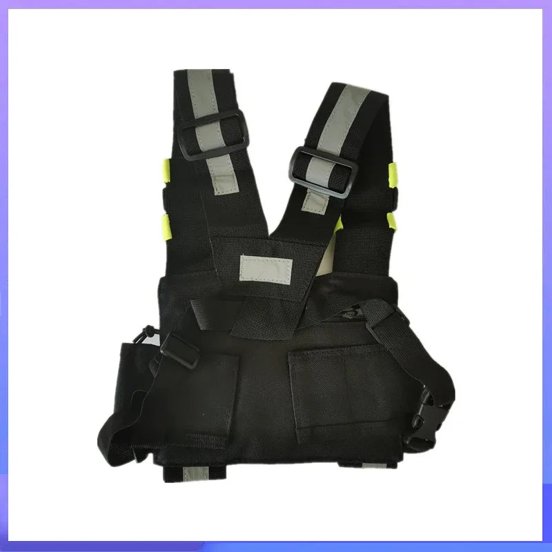Black chest harness pouch designed for hands-free carrying of walkie-talkies and radios