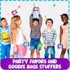 A group of children holding colorful magnetic drawing board keychains as party favors.
