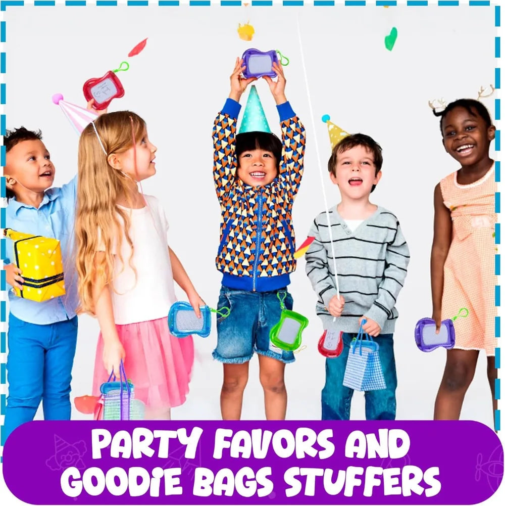 A group of children holding colorful magnetic drawing board keychains as party favors.