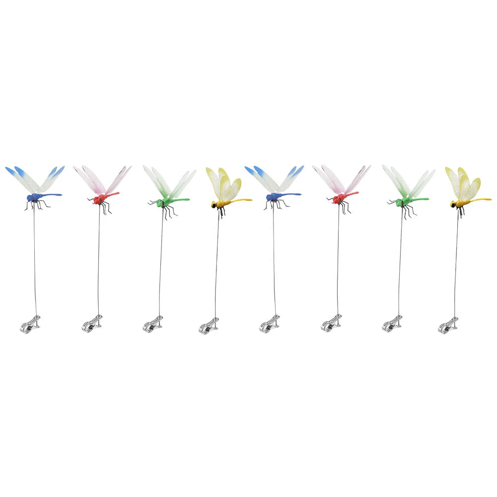 A set of colorful, lifelike dragonfly clips for garden decoration.