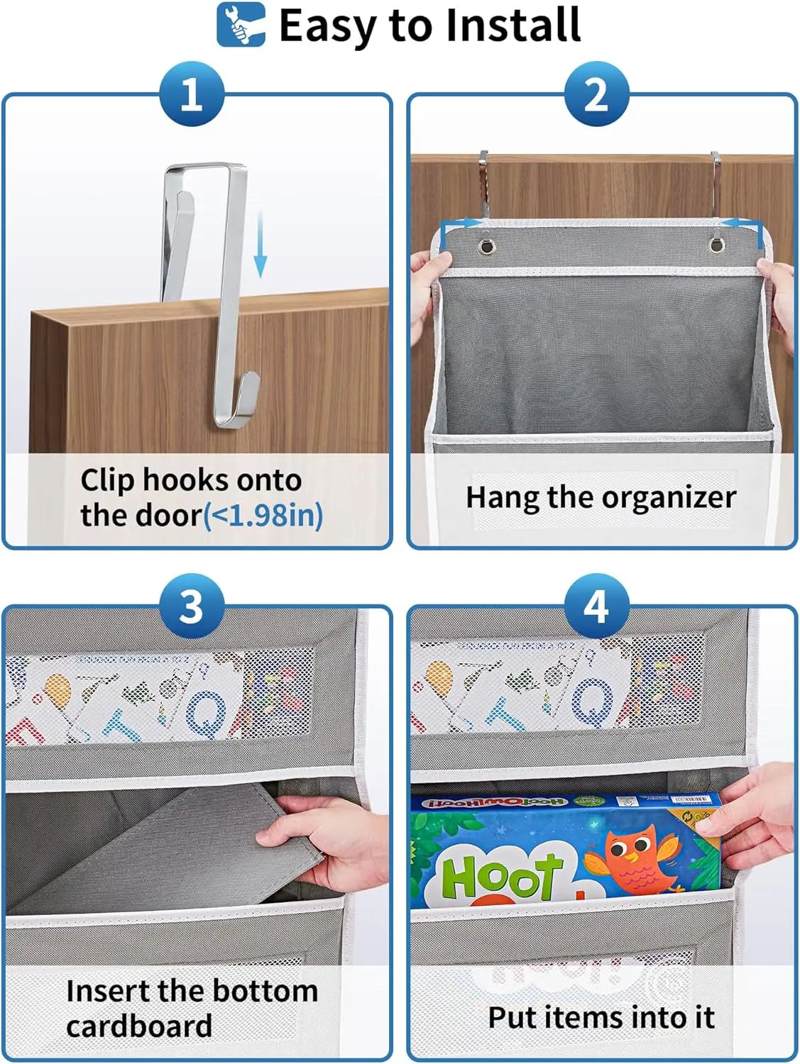 Instructions showing how to easily install an over-the-door hanging organizer by clipping hooks onto the door and inserting a
