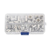 A clear plastic container filled with an assortment of aluminum flat head rivet nuts and bolts.