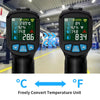 Two black digital infrared thermometers display temperature in Celsius and Fahrenheit with a conversion option.
