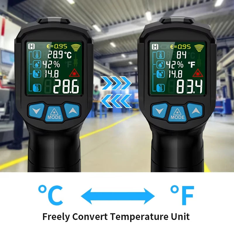 Two black digital infrared thermometers display temperature in Celsius and Fahrenheit with a conversion option.