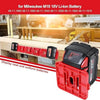 A red universal wall-mount battery holder designed for Milwaukee M18 18V Li-Ion batteries.