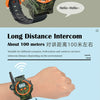 A close-up of a green camouflage watch and walkie-talkie set being used for long distance communication.