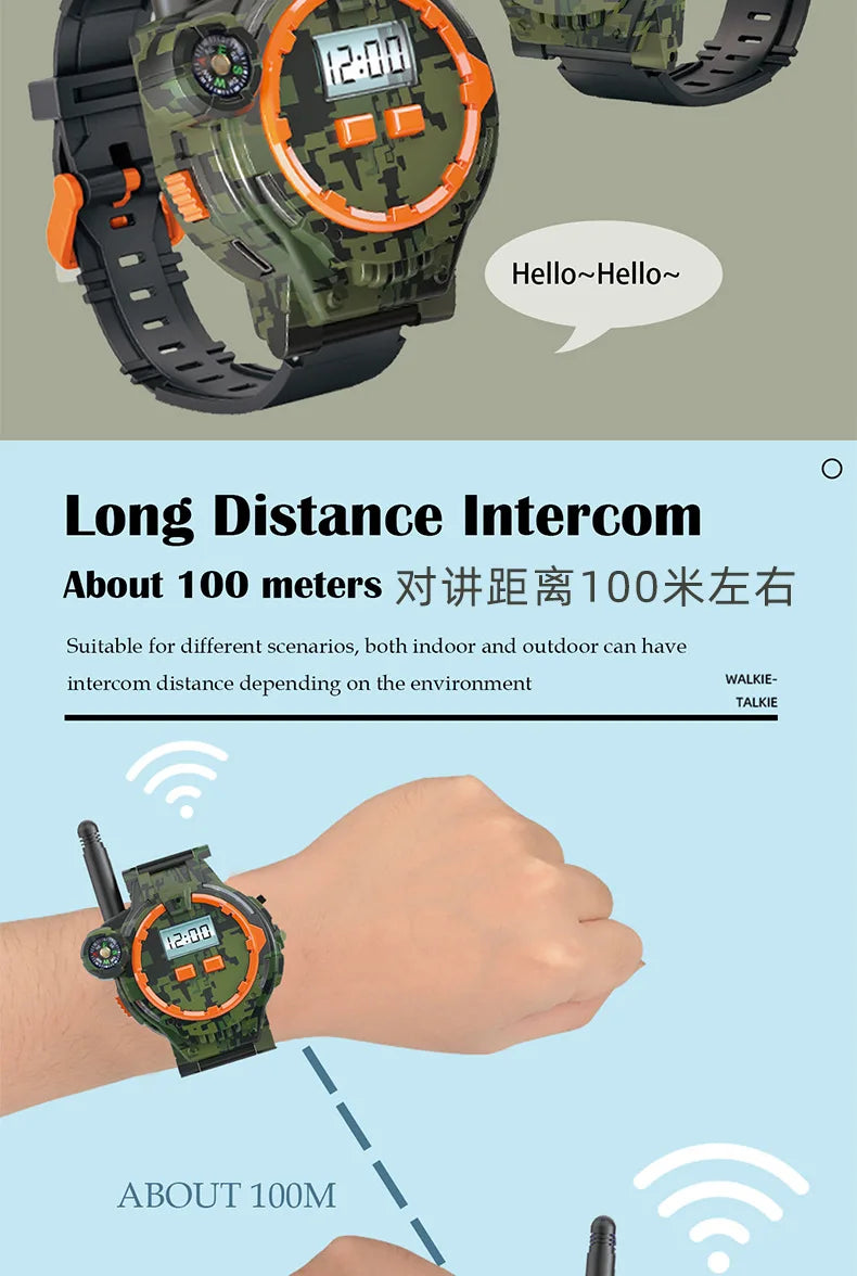 A close-up of a green camouflage watch and walkie-talkie set being used for long distance communication.