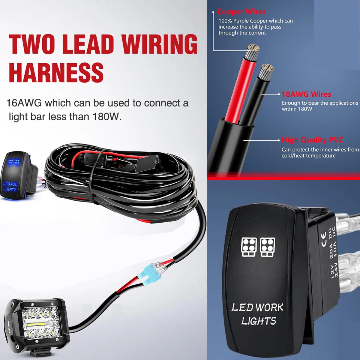 Heavy Duty 12V LED Light Bar Wiring Harness Kit with Rocker Switch and Relay