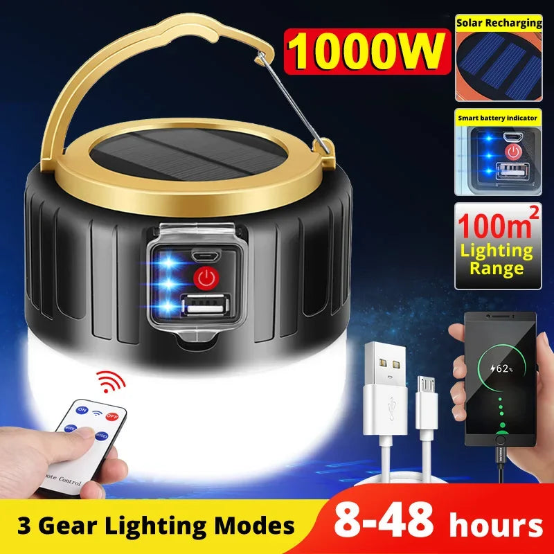 Solar-Powered LED Camping Lantern with Power Bank & Remote
