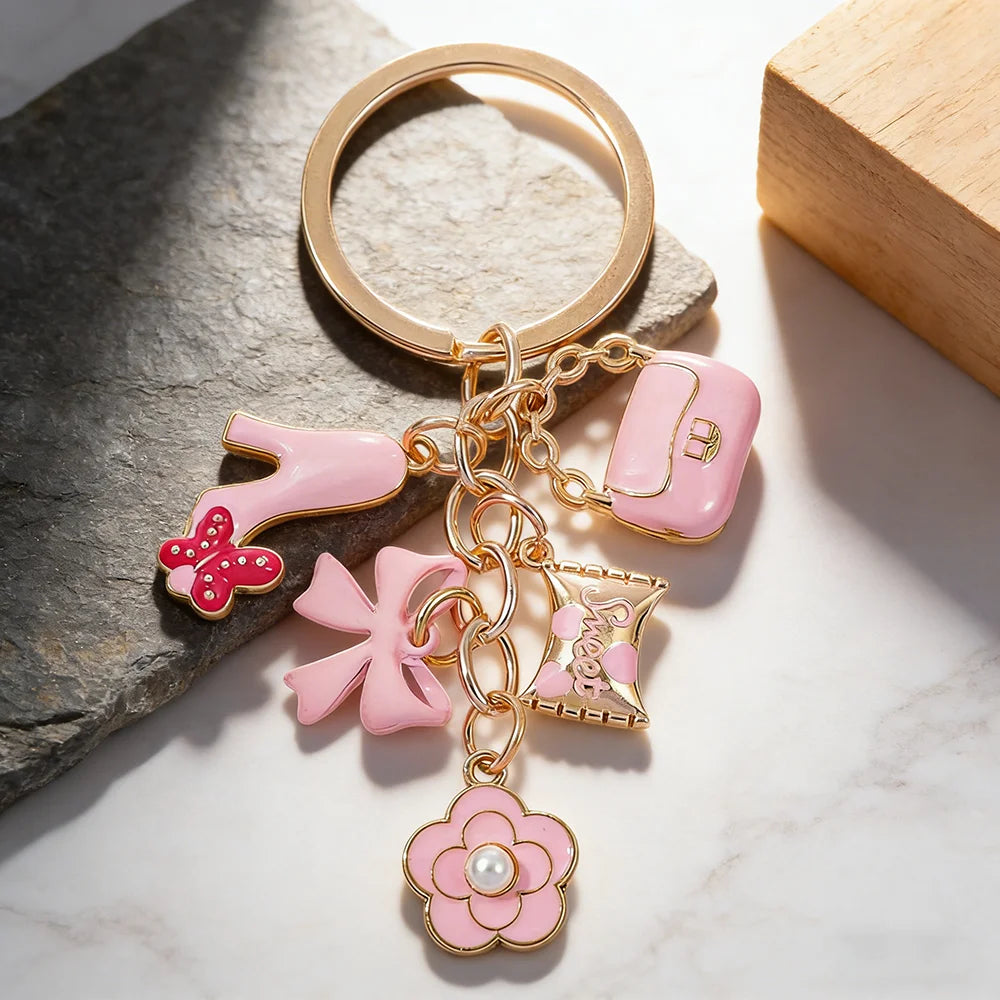 Enamel Heart & Bow Keychain with Flower Charm