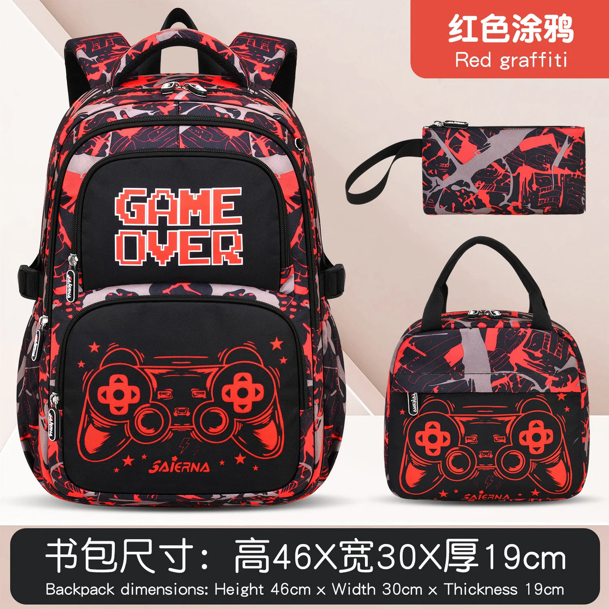 Rotes Graffiti-Backpack-Set mit Rucksack und eigenem Beutel