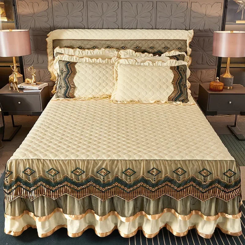 Crystal Velvet Gold Lace Bed Skirt with Anti-Slip Base