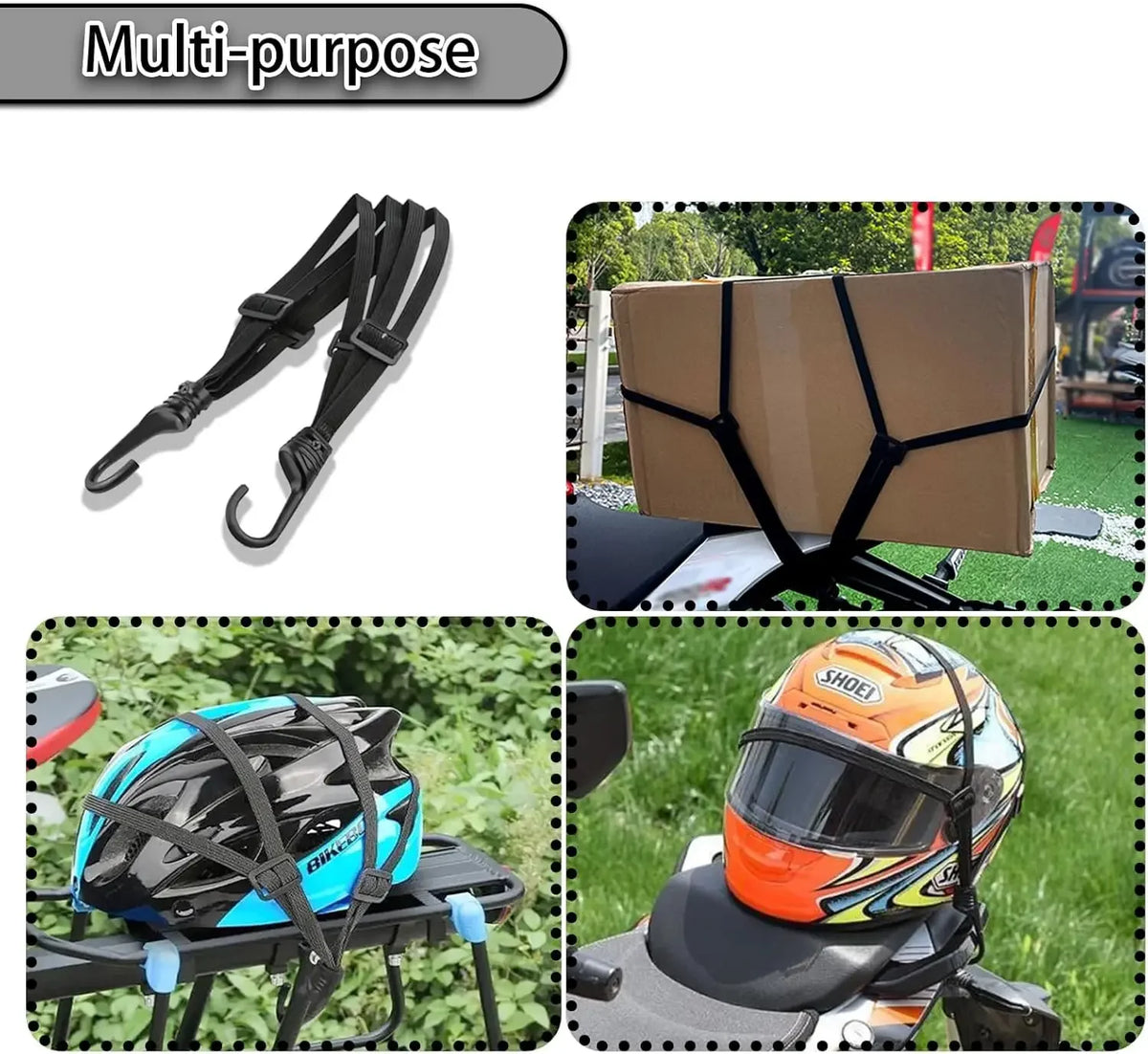 A multi-purpose retractable elastic motorcycle helmet strap with hooks shown alongside a cardboard box and a helmet.