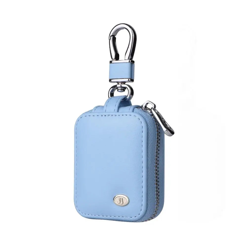 Light blue PU leather protective case for earbuds with an anti-lost hook.