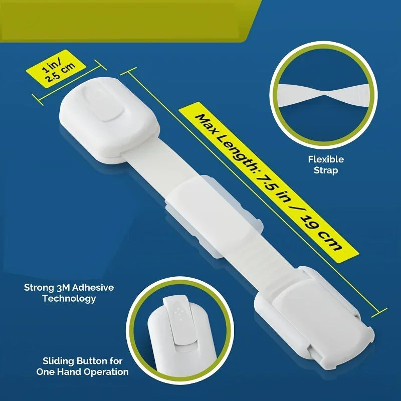 White adjustable baby safety lock strap with a sliding button for one-hand operation