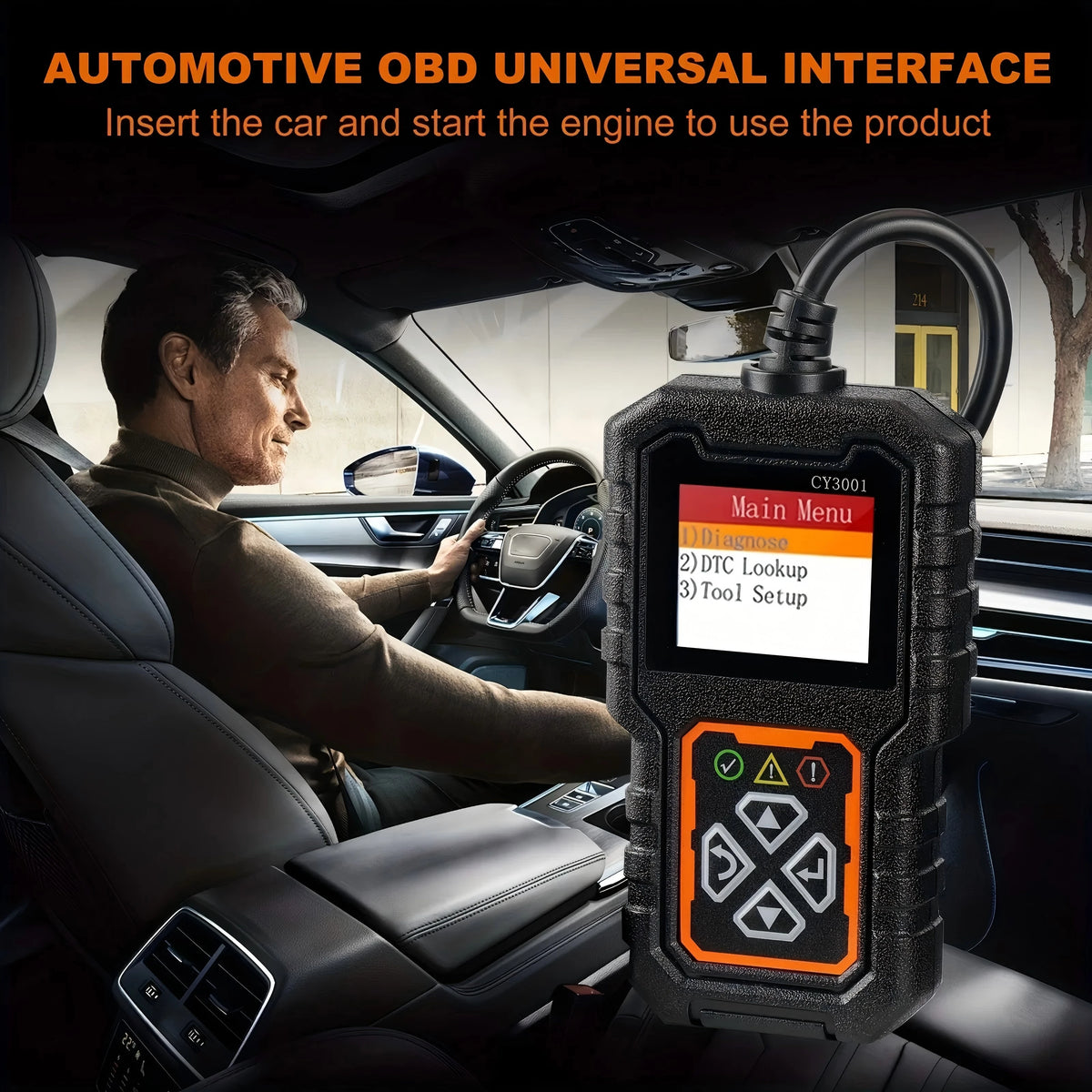 An automotive OBD universal interface device is shown plugged into a car's dashboard, with a man driving.