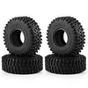 A set of four black mud terrain rubber tires for RC crawlers, stacked on a white background.