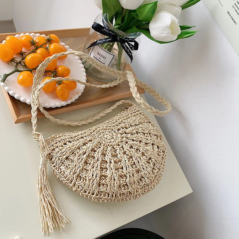 Handwoven Straw Semicircle Crossbody Bag with Tassel