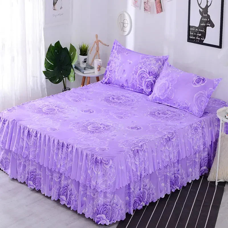 Elegant Elastic Fitted Bed Sheet Set with Lace Skirt and Pillowcases
