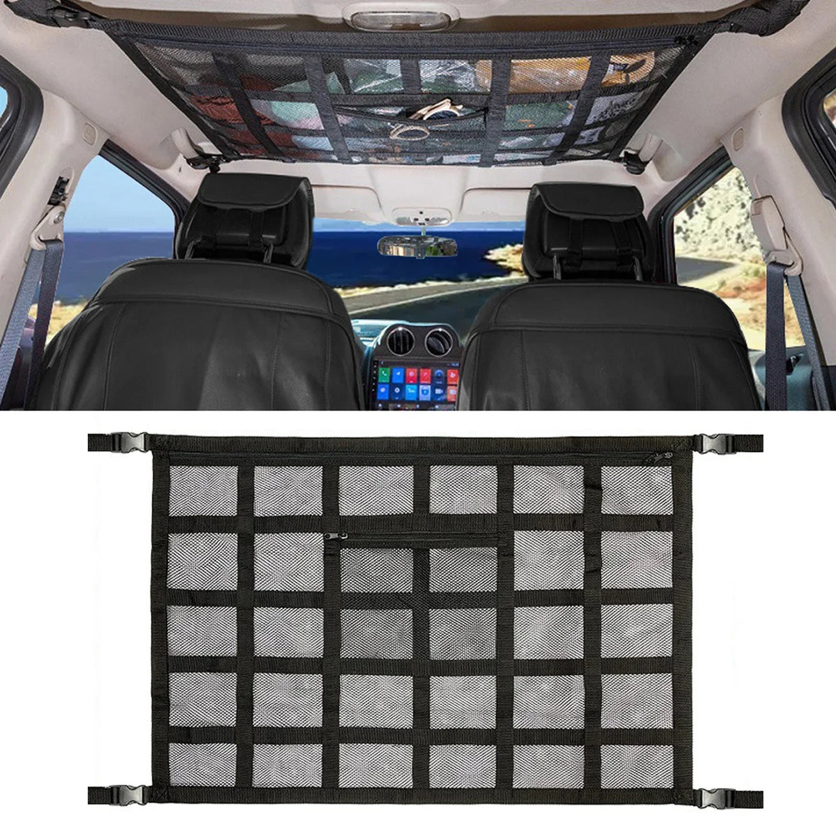 Black mesh ceiling cargo net organizer installed in the interior of an SUV or truck.