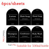Six black sheets labeled Lotion, Dish Soap, Hand Soap, Shampoo, Conditioner, and Body Wash, suitable for 500ml bottles.