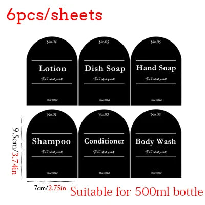 Six black sheets labeled Lotion, Dish Soap, Hand Soap, Shampoo, Conditioner, and Body Wash, suitable for 500ml bottles.