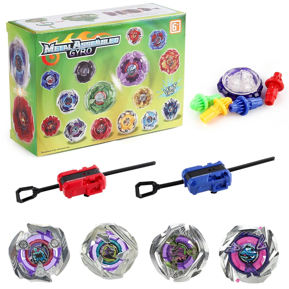 Metal Assemble Gyro spinning top battle set with launchers and various colored tops