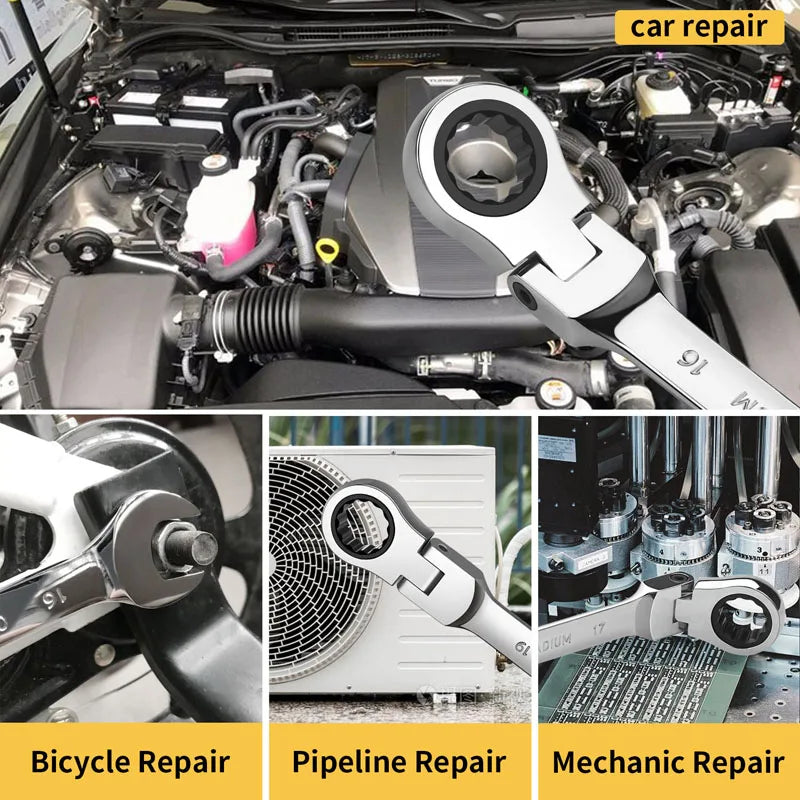 A set of Flex-Head ratcheting wrenches used for car repair, bicycle repair, pipeline repair, and mechanic work.