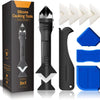 A box containing a 9-piece silicone caulking tool kit including a scraper, finisher, and various tools.
