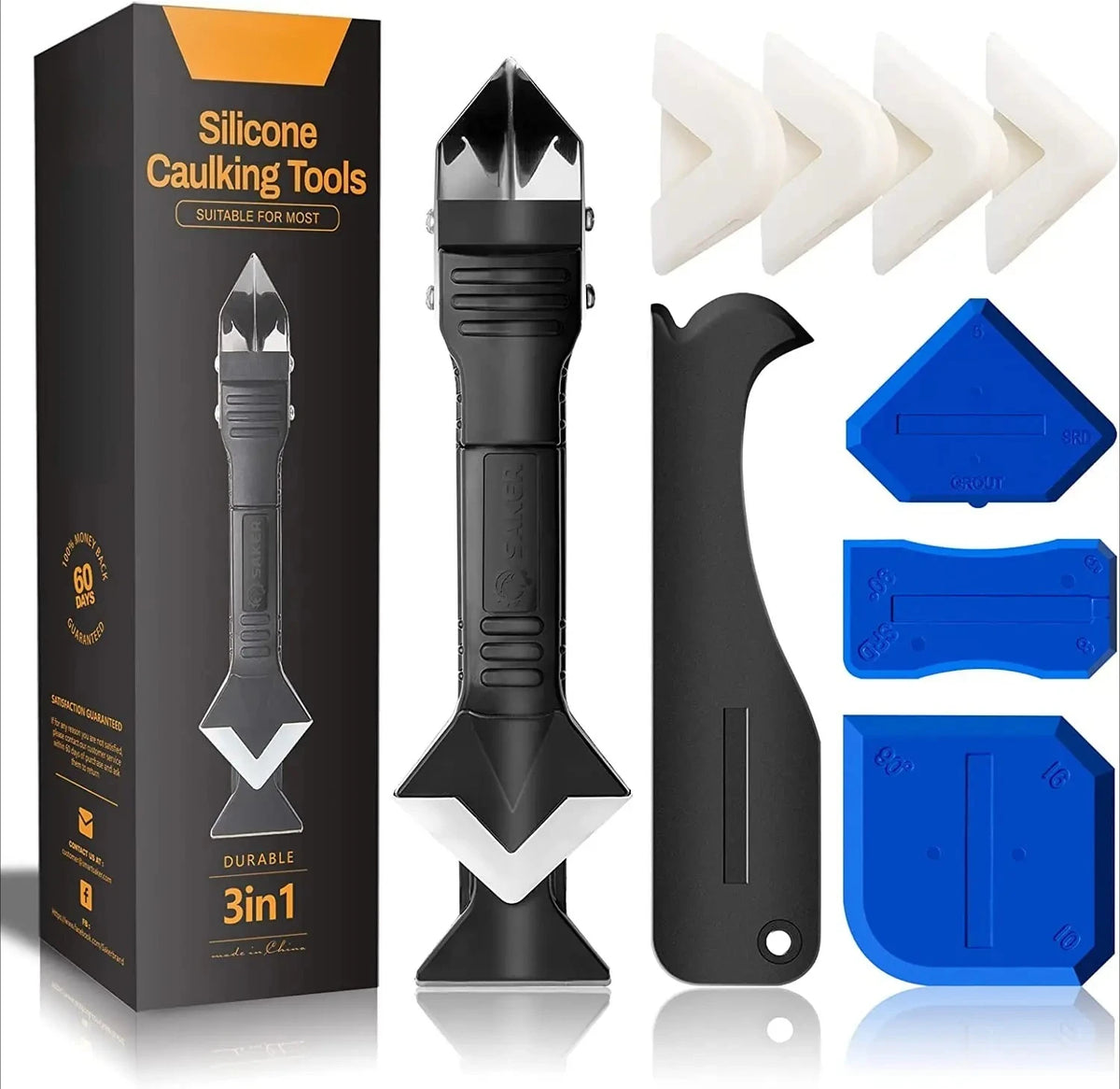 A box containing a 9-piece silicone caulking tool kit including a scraper, finisher, and various tools.