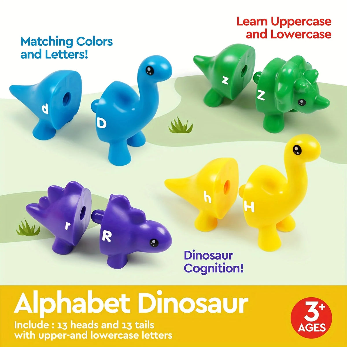 Alphabet Dinosaur game featuring 13 heads and tails with upper and lowercase letters for learning.