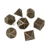 A set of bronze metal polyhedral dice including a d10, d12, d20, and d100.