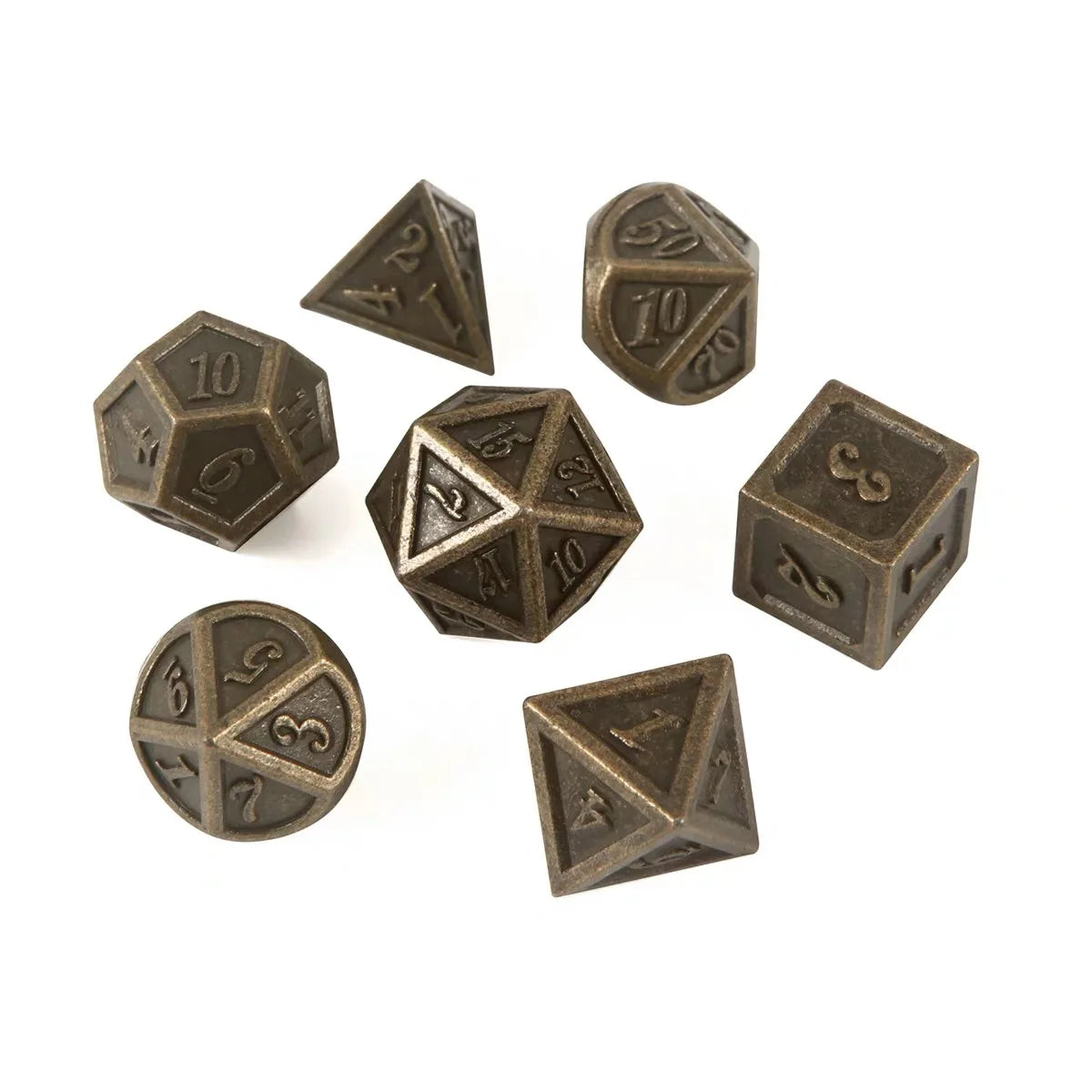 A set of bronze metal polyhedral dice including a d10, d12, d20, and d100.