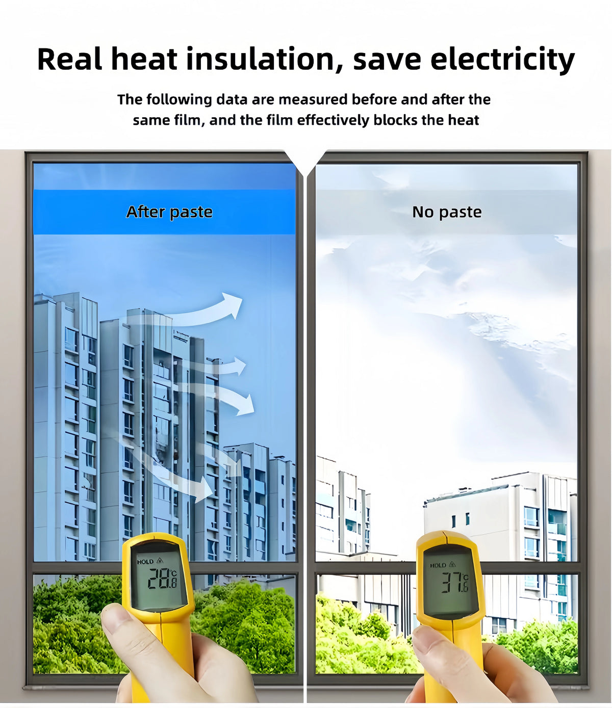 Comparison of heat insulation effectiveness using a privacy window film before and after application.