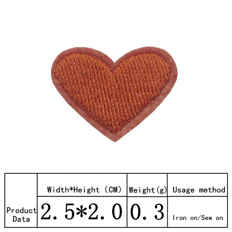 A heart-shaped orange embroidered iron-on patch with dimensions 2.5x2.0 cm and a weight of 0.3 grams.