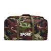 A camouflage duffel bag with a sport label on the top, shown from the front.