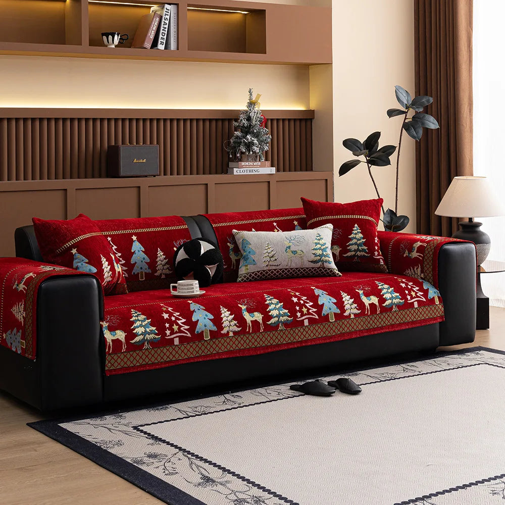 Festive Chenille Christmas Sofa Cover with Deer & Tree Pattern