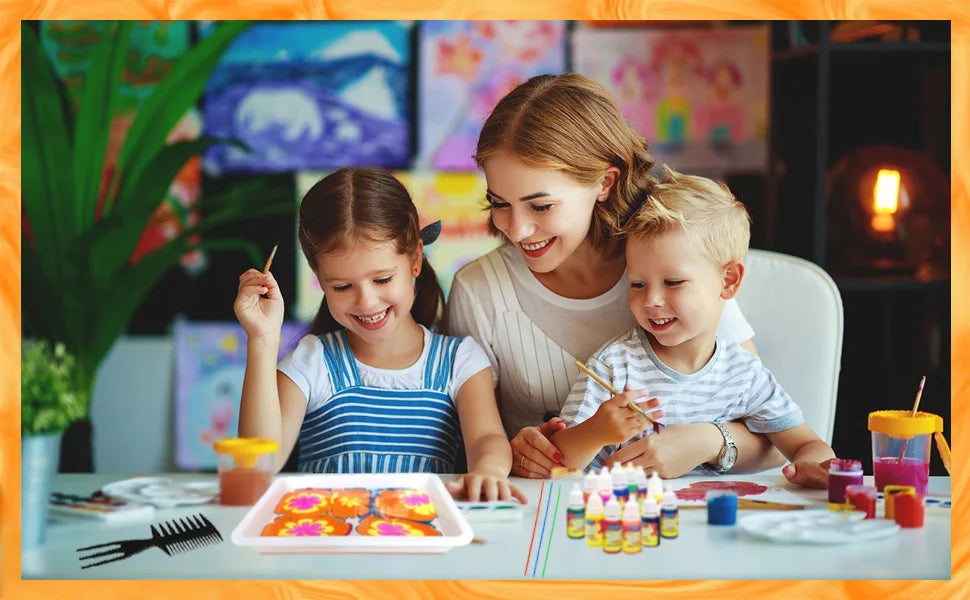 A young girl and boy are painting flowers on a plate using a water marbling kit with various supplies.