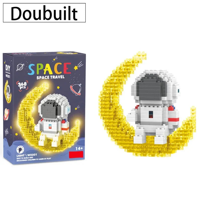 A box of Doubuilt Space Travel building blocks featuring an astronaut on a golden moon background.