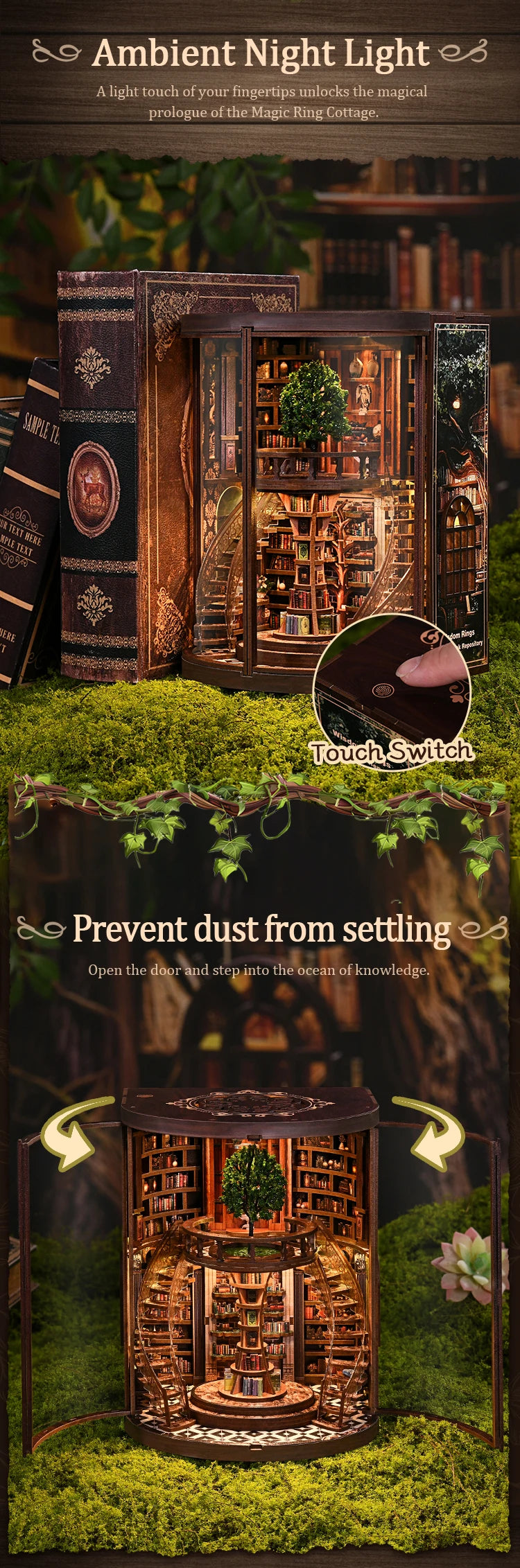 A wooden book nook miniature kit featuring an illuminated display of books and a small tree.